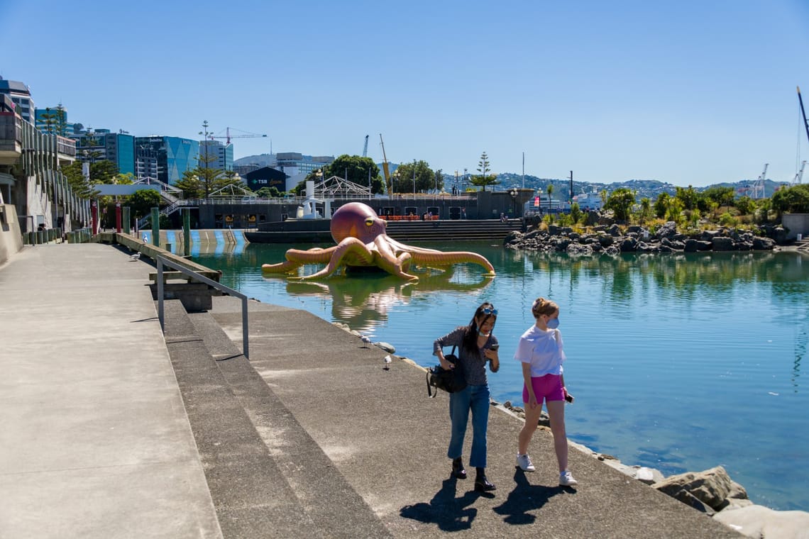 Women walking along Whairepo Lagoon