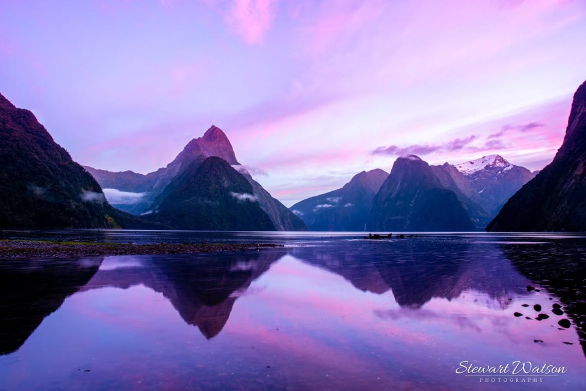 Purple daybreak before sunrise at Milford Sound