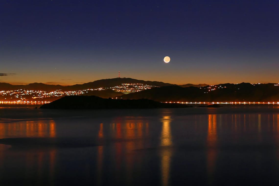 Setting Moon over Wellington Harbour