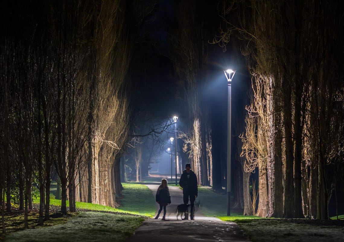 Family on the path at night